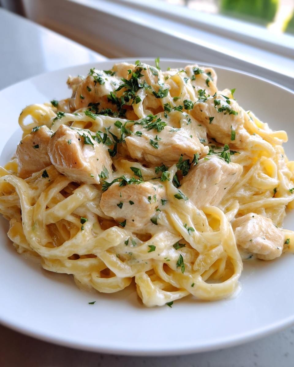 A close-up of a white plate filled with fettuccine chicken alfredo, topped with fresh parsley.