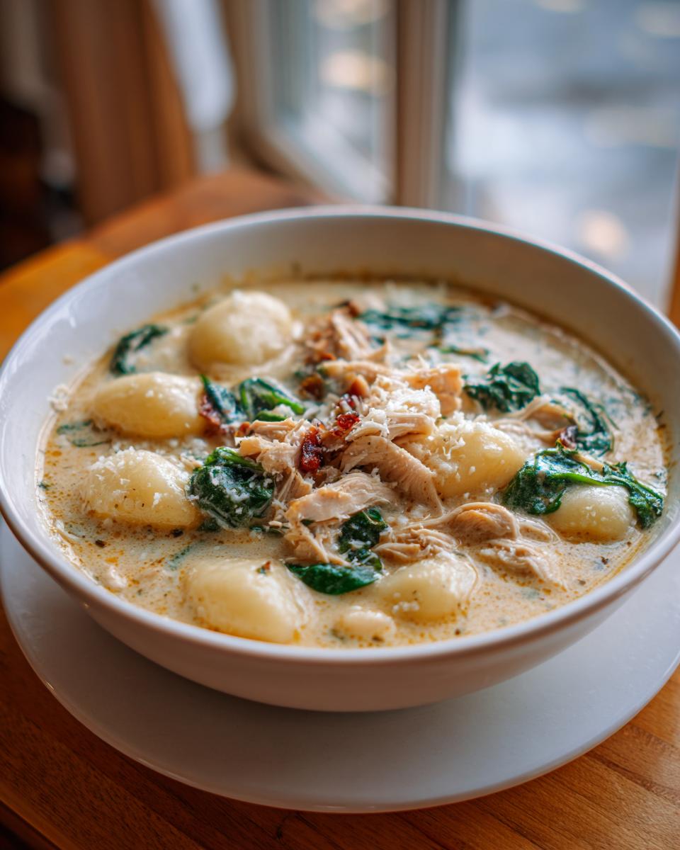 A close-up of a hearty bowl of creamy chicken gnocchi soup with spinach and Parmesan cheese.