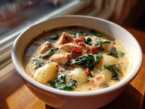 Close-up of a creamy chicken gnocchi soup with spinach and tomatoes served in a white bowl.