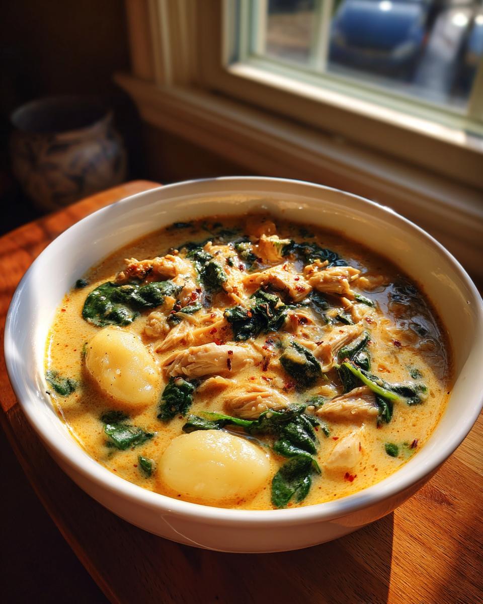 A close-up of a bowl of creamy chicken gnocchi soup featuring large gnocchi, shredded chicken, and wilted spinach.