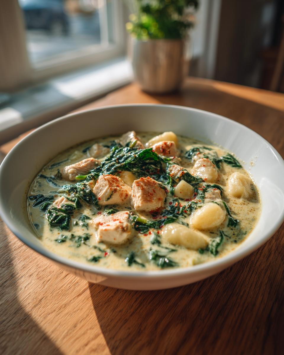 Close-up of a hearty bowl of creamy gnocchi soup featuring chicken pieces and wilted spinach.