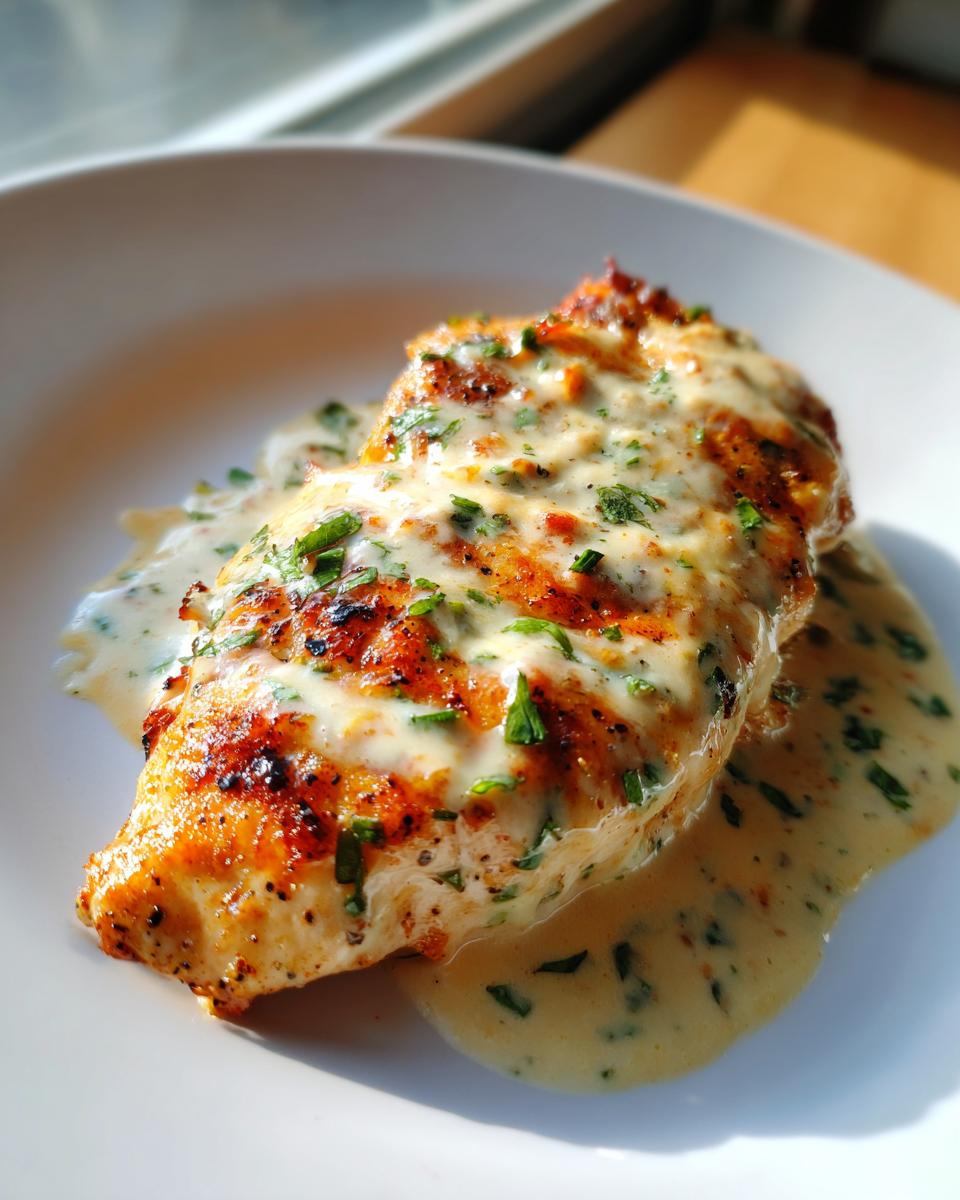 A perfectly cooked piece of fiesta lime chicken breast smothered in a creamy, herb-flecked sauce on a white plate.