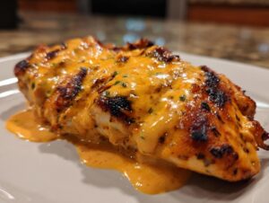 A grilled chicken breast smothered in a thick, creamy orange sauce, representing the fiesta lime chicken recipe.