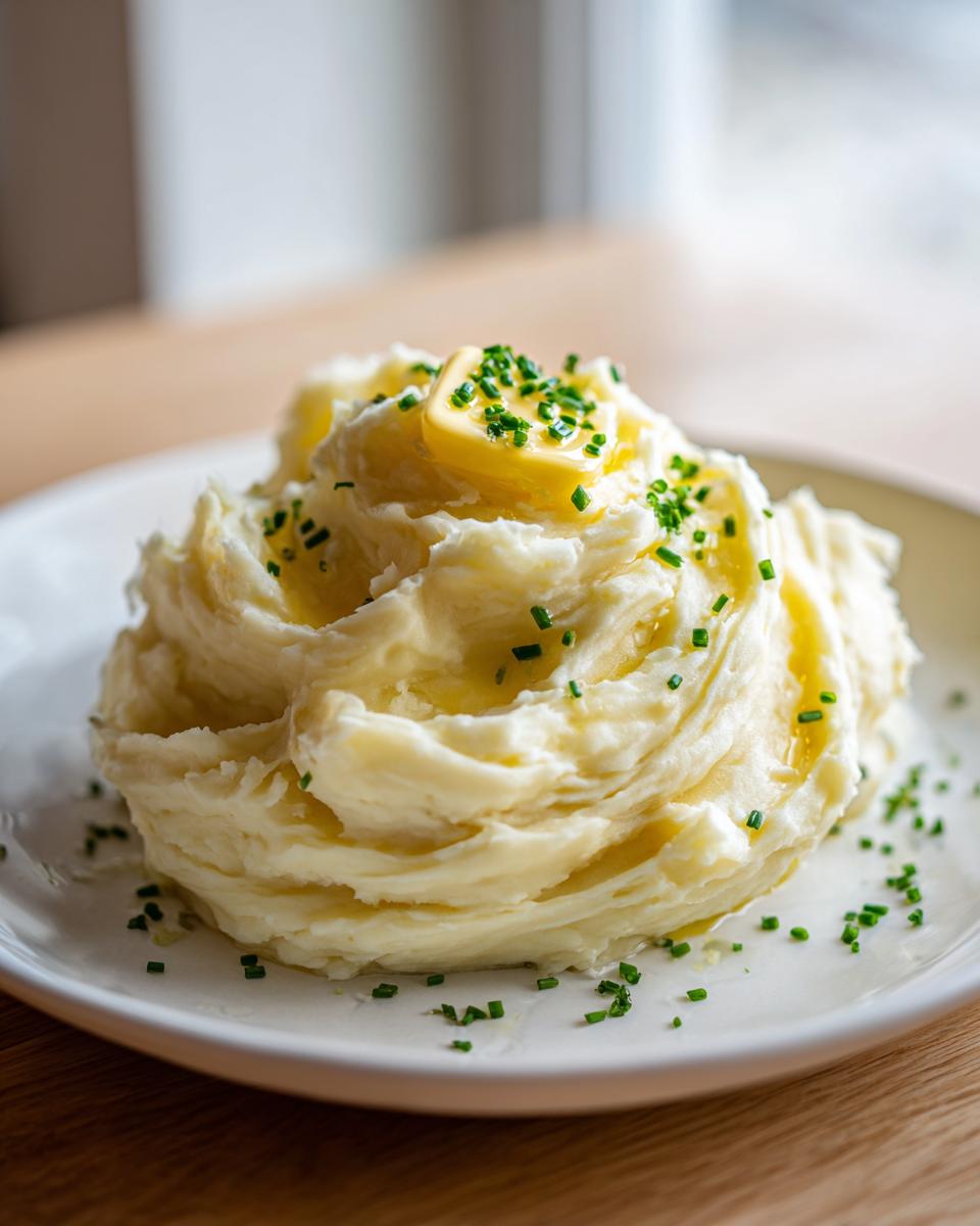 A swirl of creamy garlic mashed potatoes topped with melting butter and fresh chopped chives on a white plate.