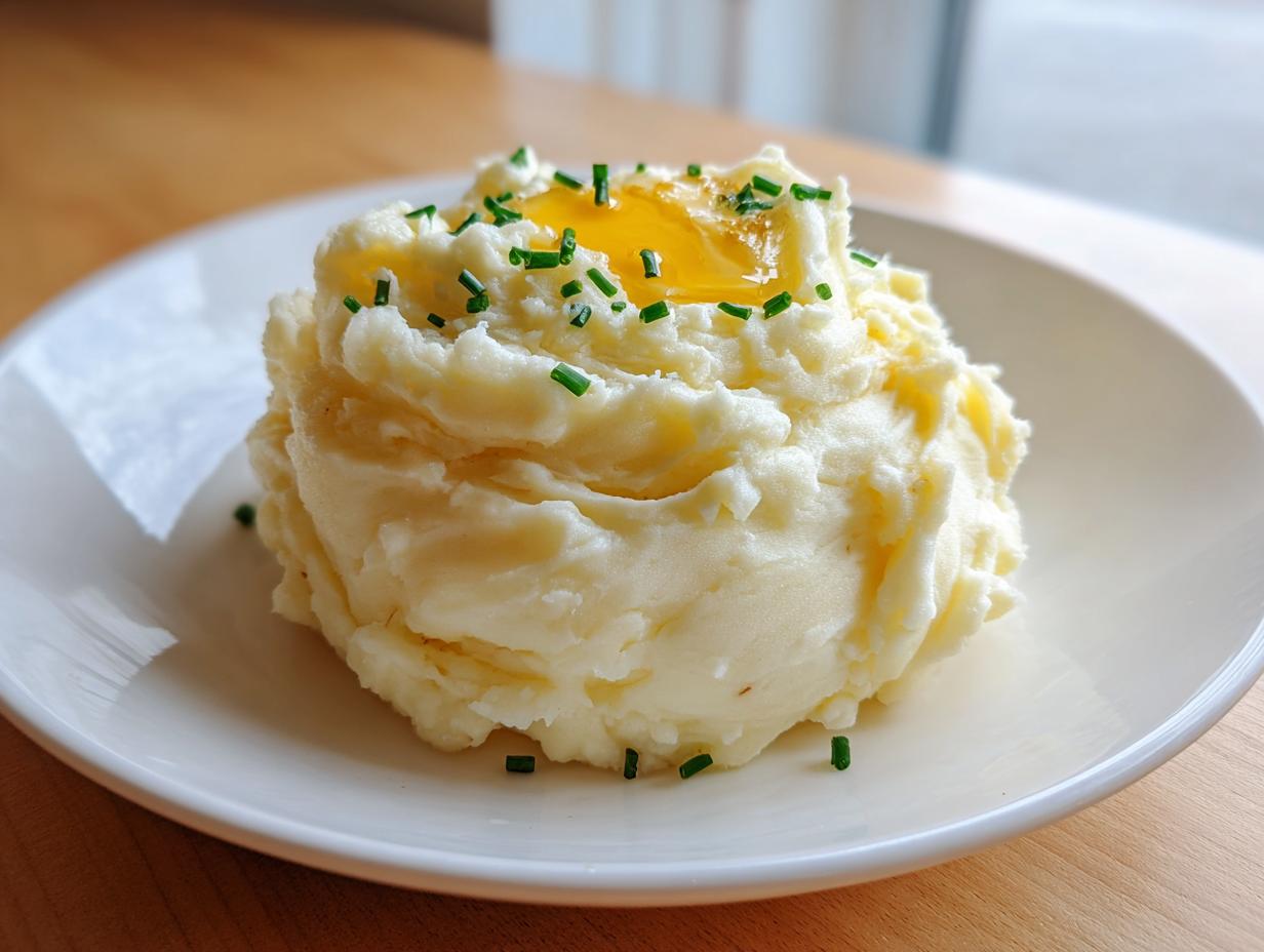 A fluffy mound of creamy garlic mashed potatoes topped with melted butter and chopped chives.