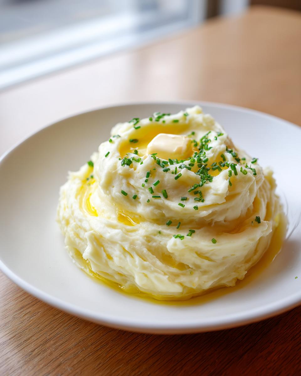 A mound of creamy garlic mashed potatoes topped with melting butter and fresh chopped chives.