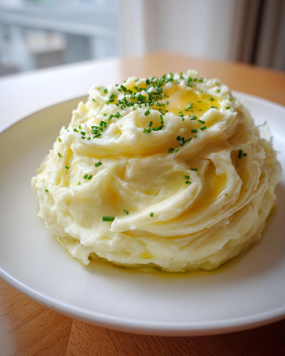 A serving of creamy, fluffy garlic mashed potatoes topped with melted butter and fresh chopped chives.