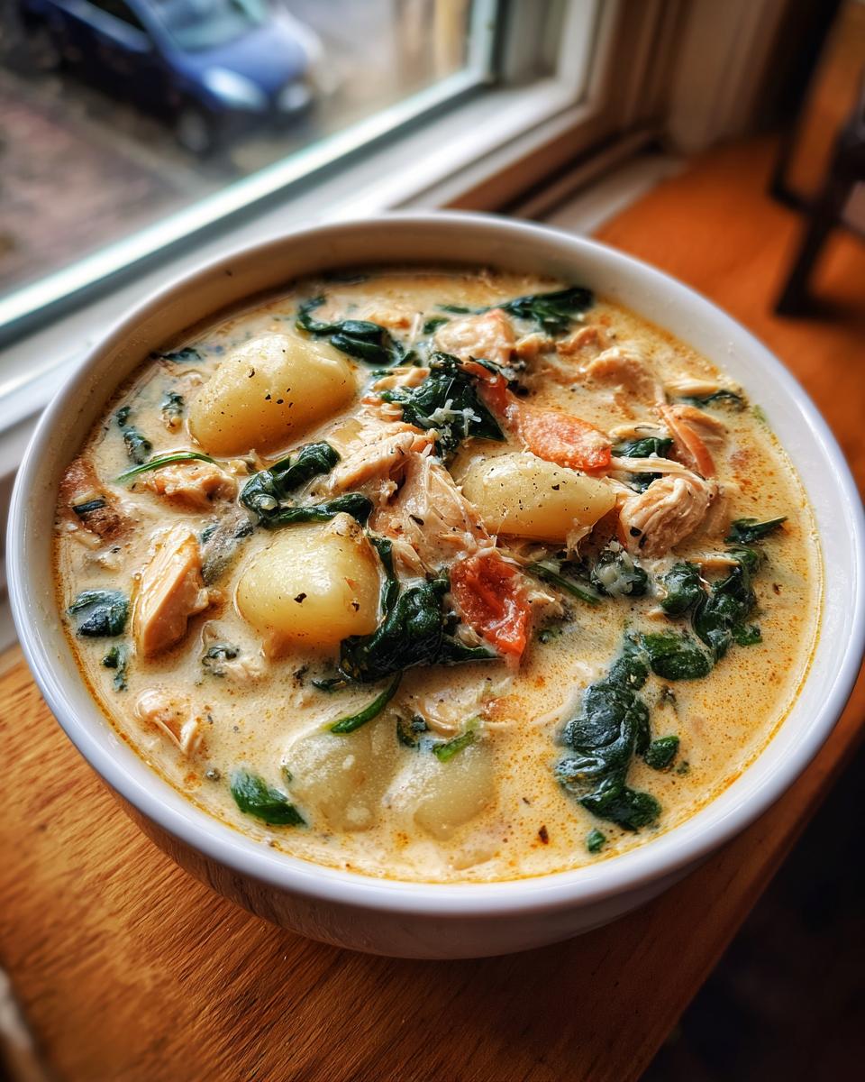 Close-up of a creamy chicken and vegetable gnocchi soup, featuring plump gnocchi and dark green spinach.