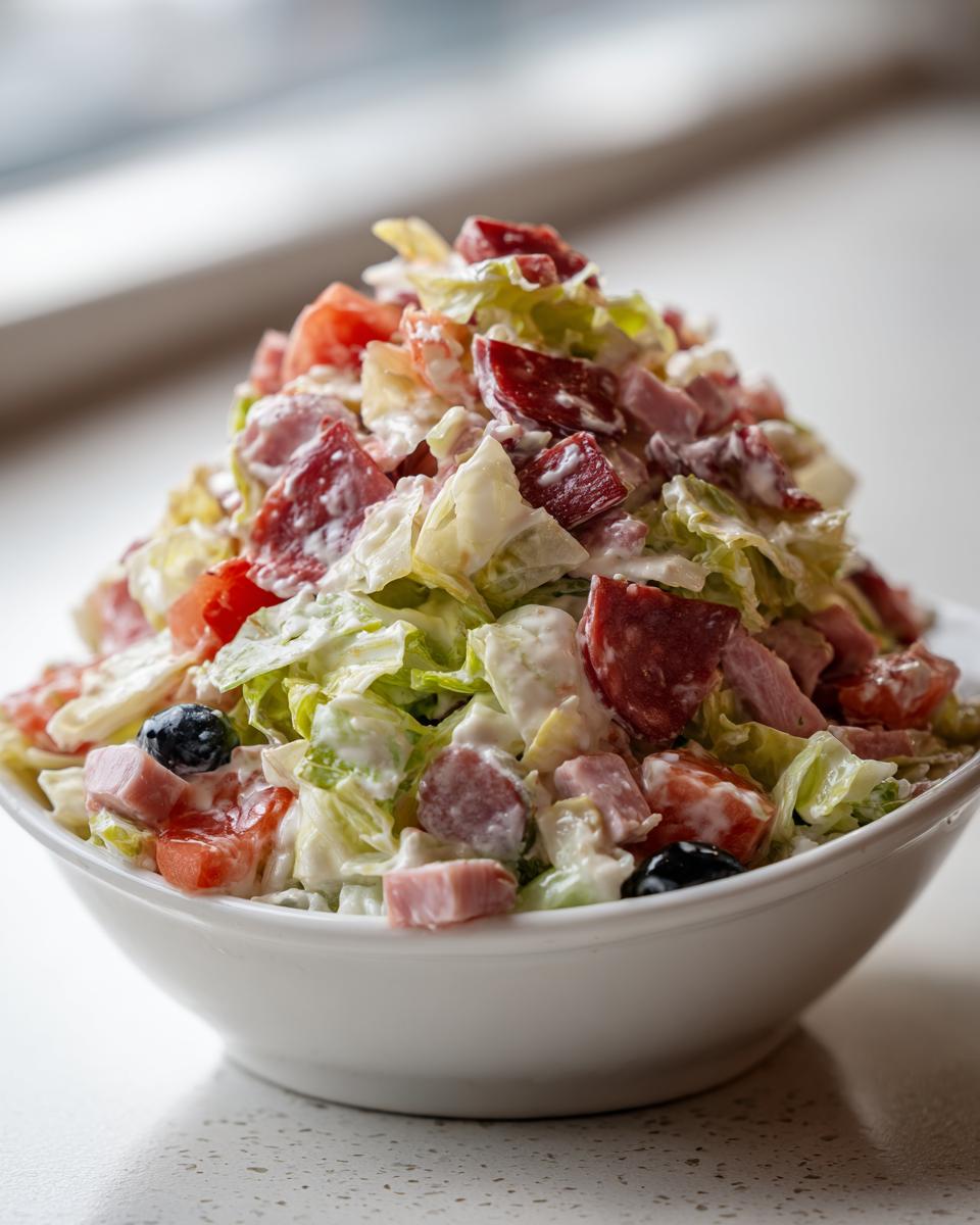 Close-up of a tall mound of creamy grinder salad featuring lettuce, diced meats, tomatoes, and black olives in a white bowl.