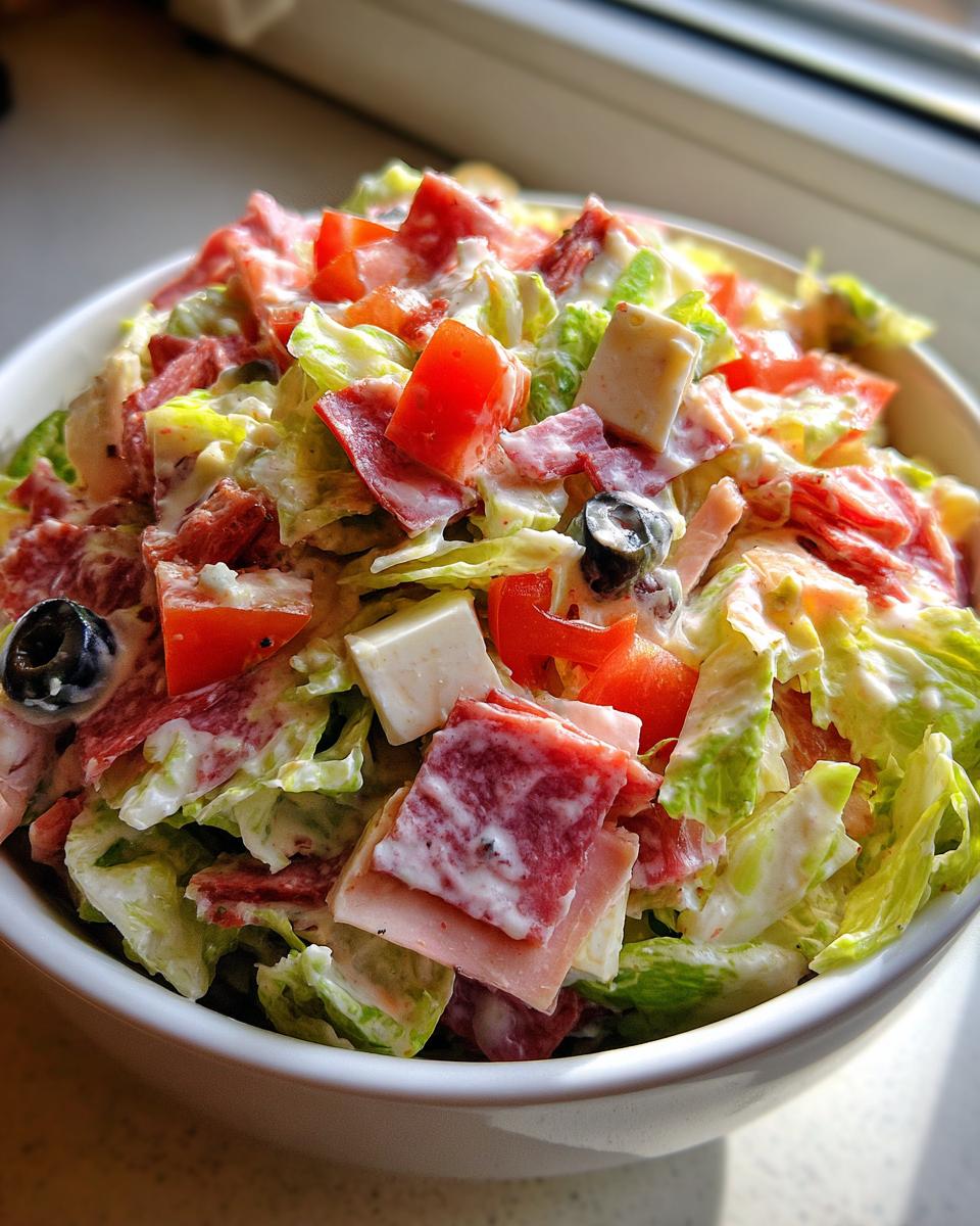 A vibrant bowl of grinder salad featuring chopped lettuce, meats, cheese cubes, tomatoes, and olives coated in creamy dressing.