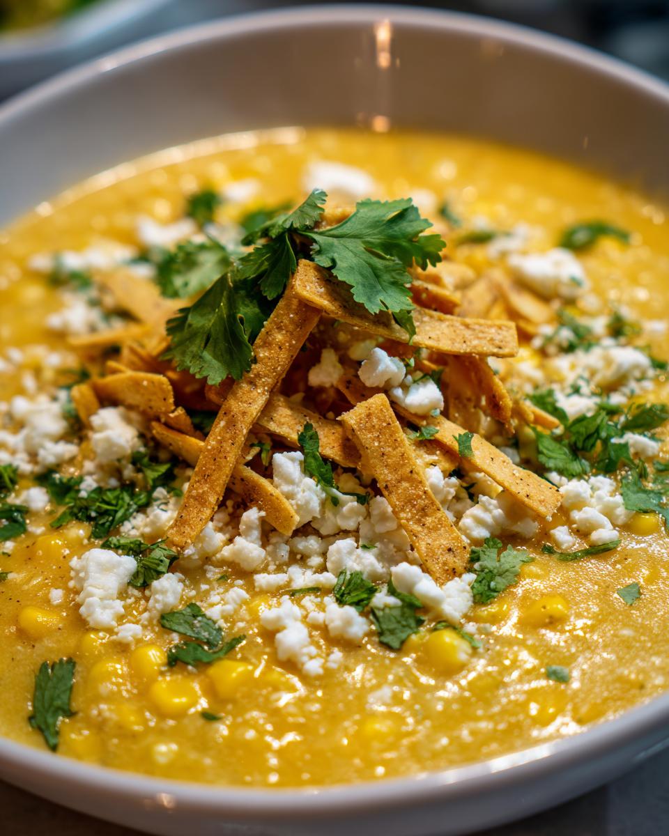 Close-up of creamy Mexican street corn soup topped with crumbled white cheese, tortilla strips, and cilantro.