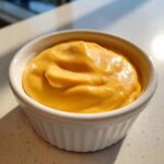 Close-up of rich, bright orange nacho cheese sauce in a small white fluted ramekin.