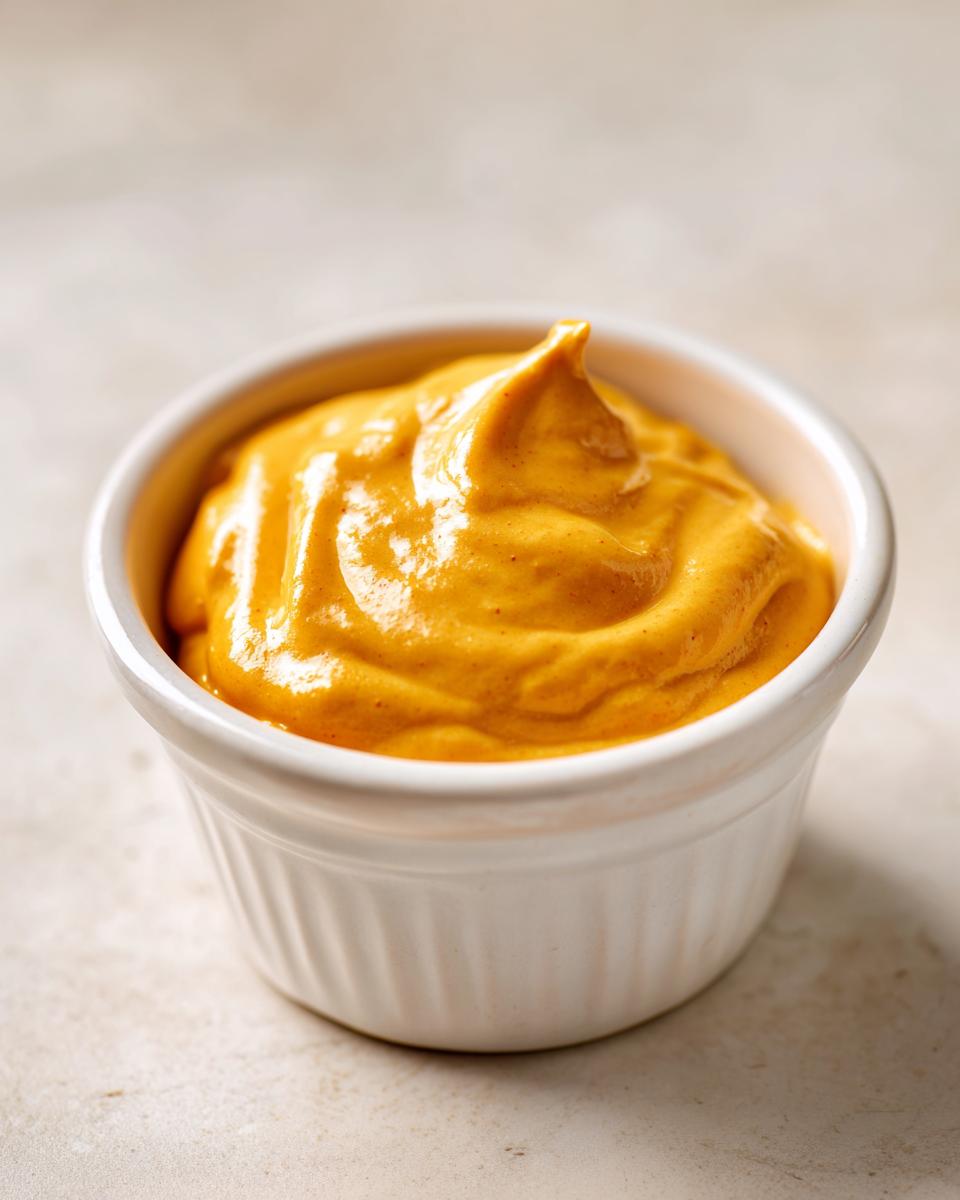 A close-up of thick, vibrant orange nacho cheese sauce swirled into a small white ramekin.
