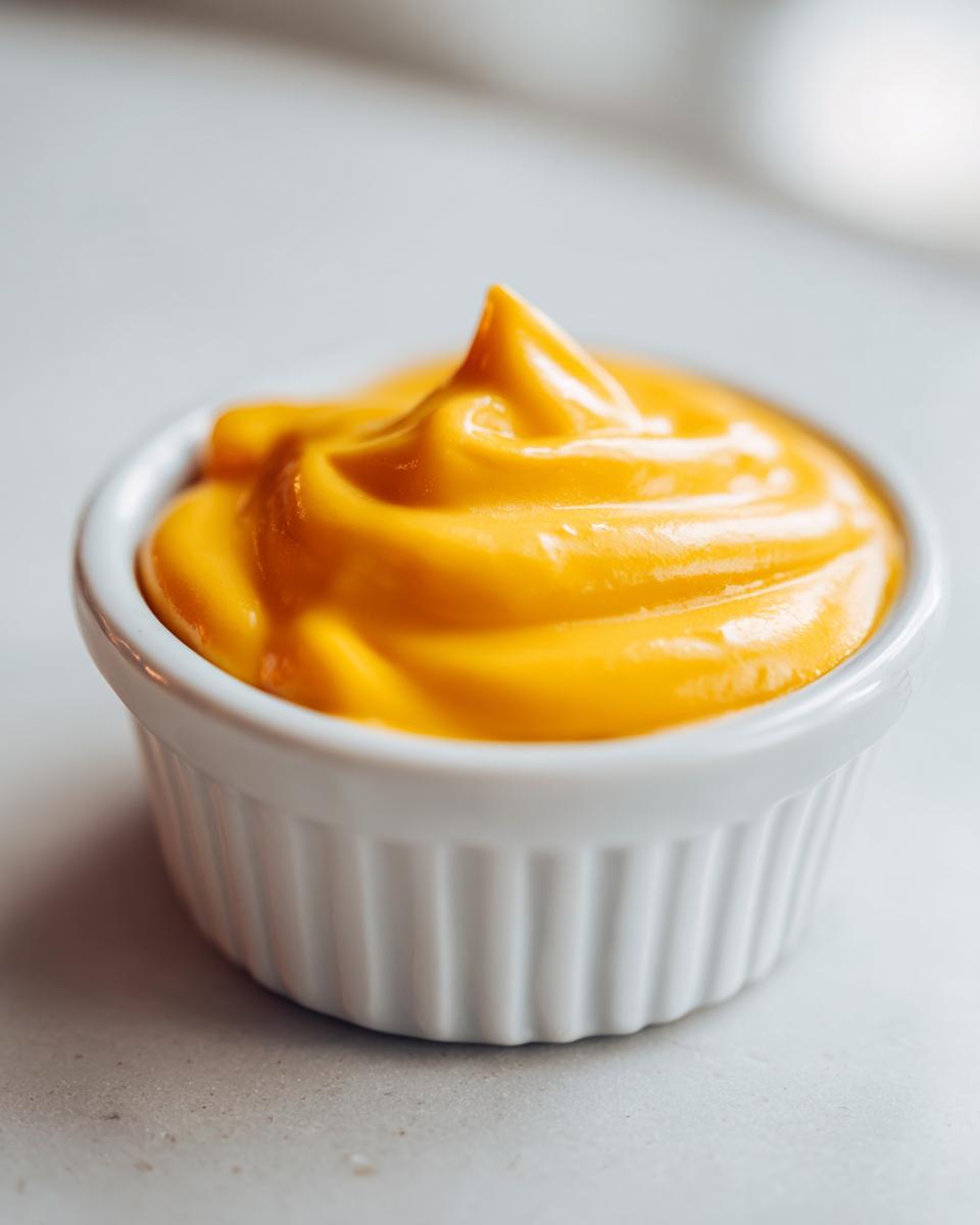 Close-up of vibrant, smooth nacho cheese sauce swirled high in a small white ribbed ramekin.