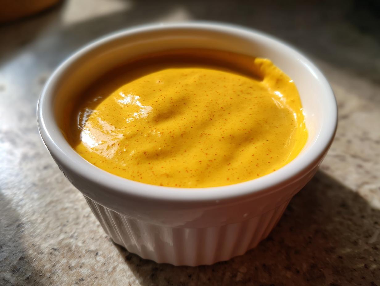 A close-up of bright yellow, creamy nacho cheese sauce speckled with spices, served in a small white ramekin.