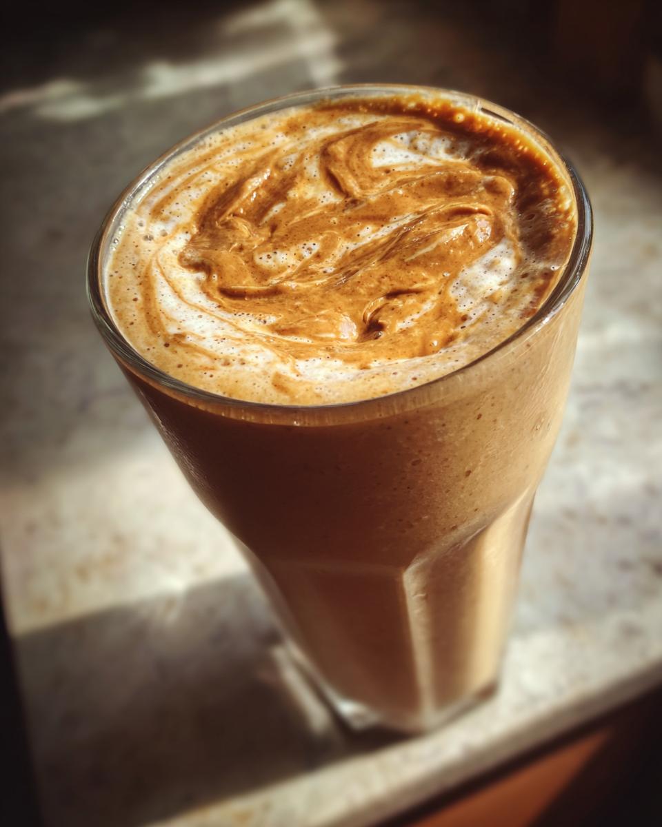 Close-up of a creamy peanut butter banana smoothie with a peanut butter swirl on top.