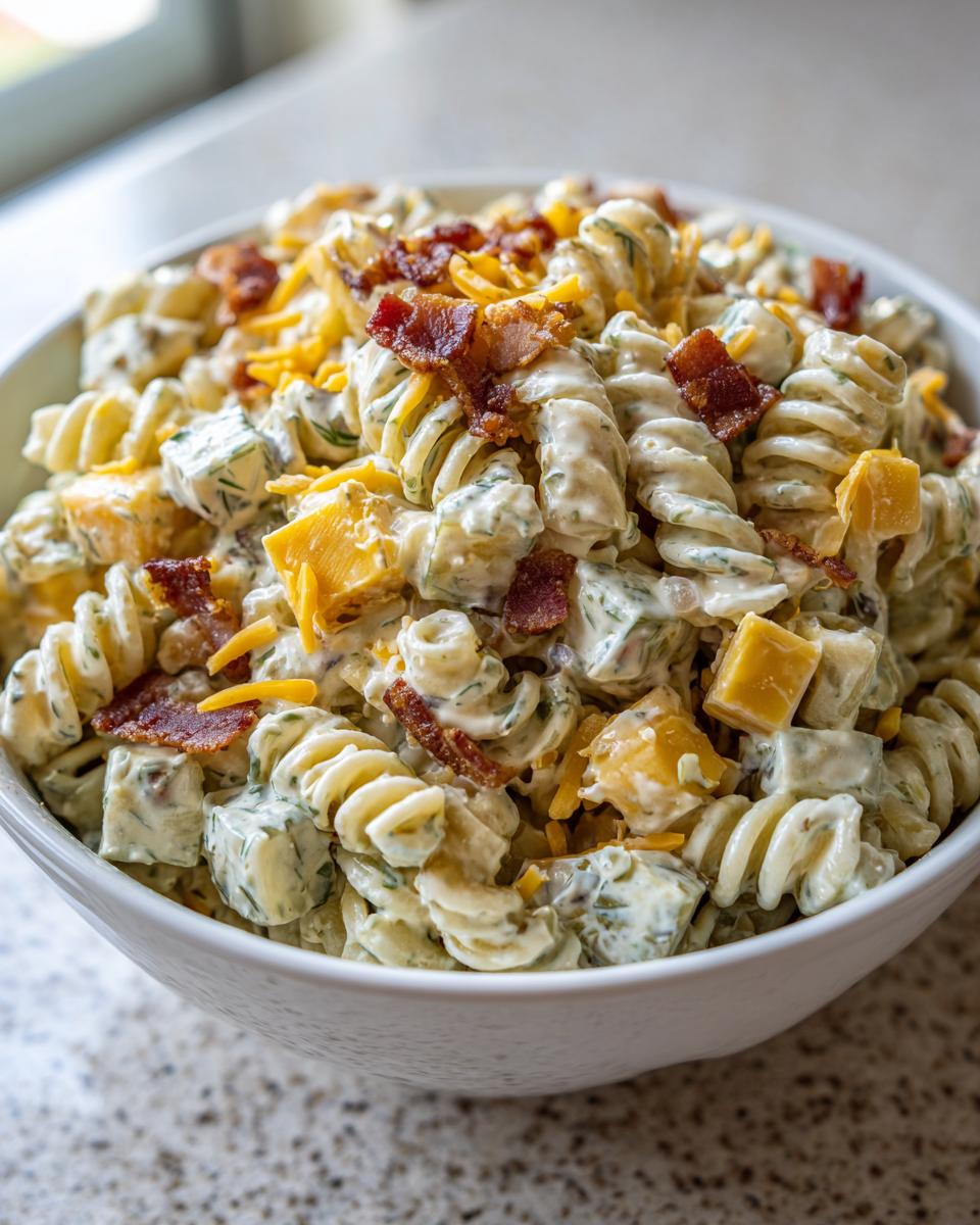 Close-up of creamy pickle pasta salad in a white bowl, topped with bacon bits and shredded cheddar cheese.