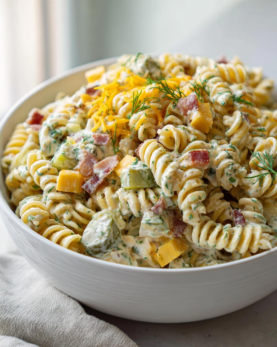 Close-up of creamy pickle pasta salad made with rotini, bacon, cheese cubes, and shredded cheddar topping.
