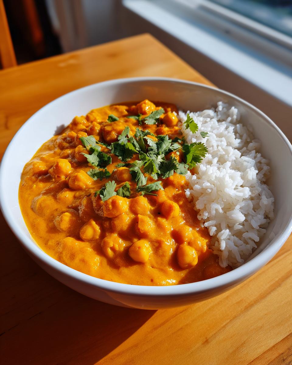 A white bowl filled with creamy, orange pumpkin curry featuring chickpeas, served next to white rice and topped with fresh cilantro.