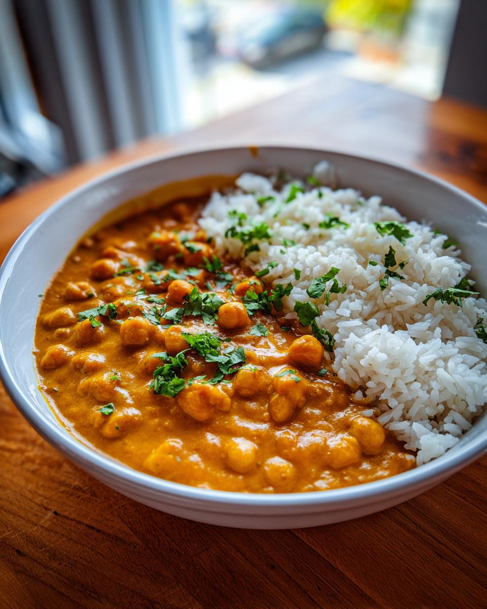 A close-up of a white bowl filled with creamy orange pumpkin curry and chickpeas, served alongside fluffy white rice and topped with cilantro.