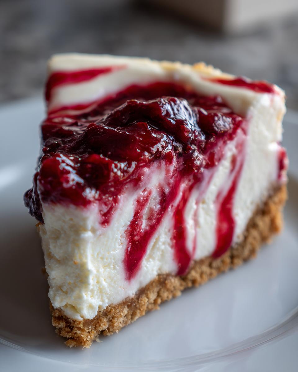 Close-up of a perfect slice of creamy raspberry cheesecake showing the graham cracker crust and rich berry topping.