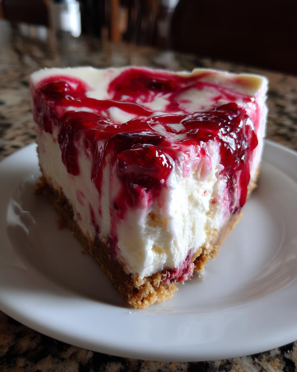 A close-up of a creamy slice of raspberry cheesecake on a white plate, drizzled with bright red raspberry topping.