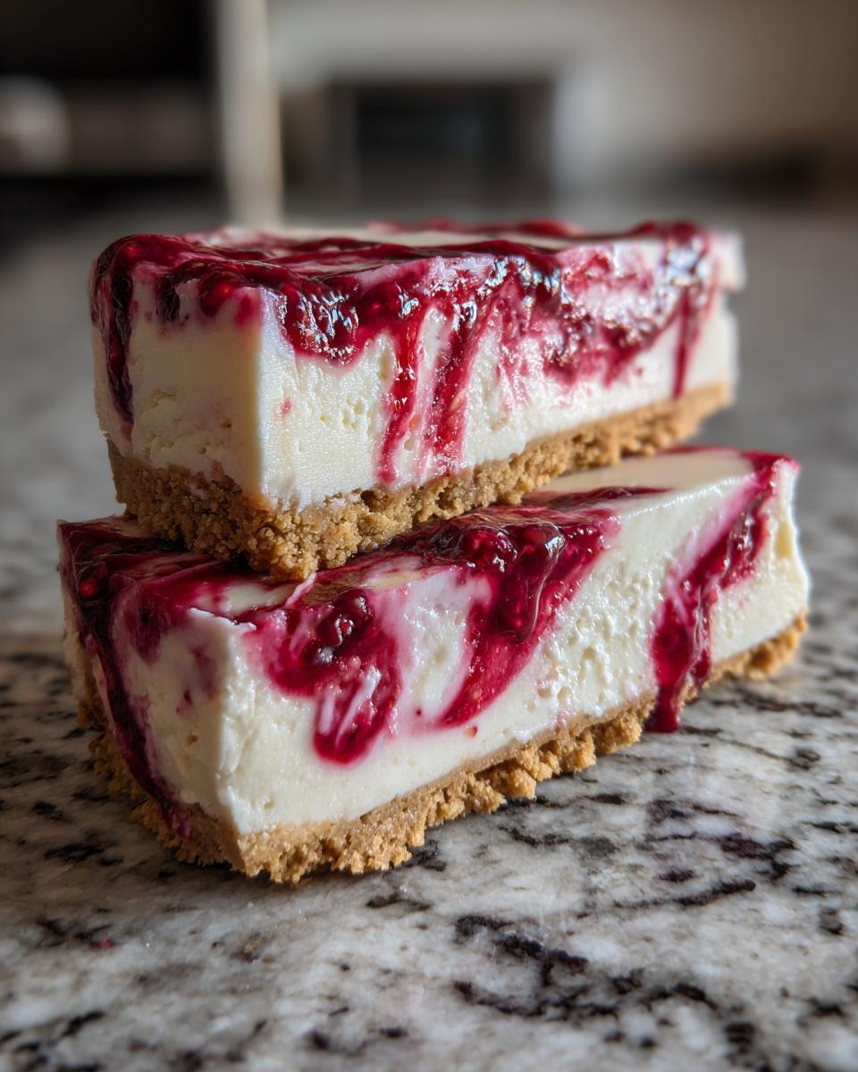 Two rectangular slices of creamy raspberry cheesecake stacked on a granite surface, drizzled with raspberry sauce.