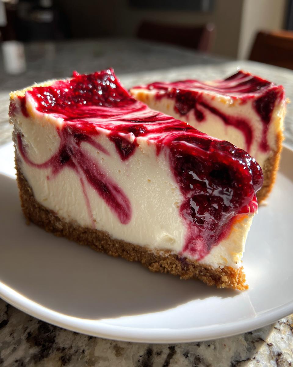 Two slices of creamy raspberry cheesecake with a graham cracker crust and swirled berry topping.