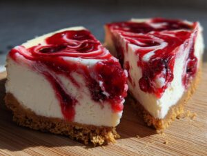 Two slices of creamy raspberry cheesecake with a graham cracker crust and a bright red raspberry swirl topping.