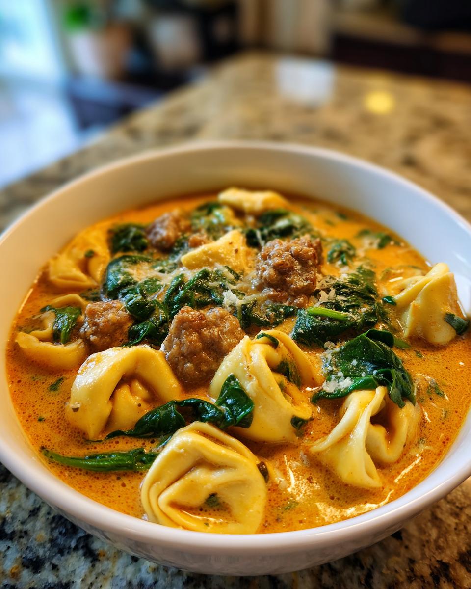 Close-up of a bowl of creamy tortellini soup featuring cheese tortellini, sausage crumbles, and wilted spinach.