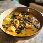 A close-up of a hearty bowl of creamy tortellini soup featuring cheese tortellini, crumbled sausage, and wilted spinach.