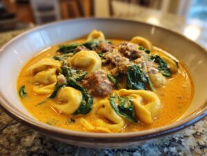 Close-up of a rich, creamy tortellini soup featuring cheese tortellini, sausage crumbles, and wilted spinach.