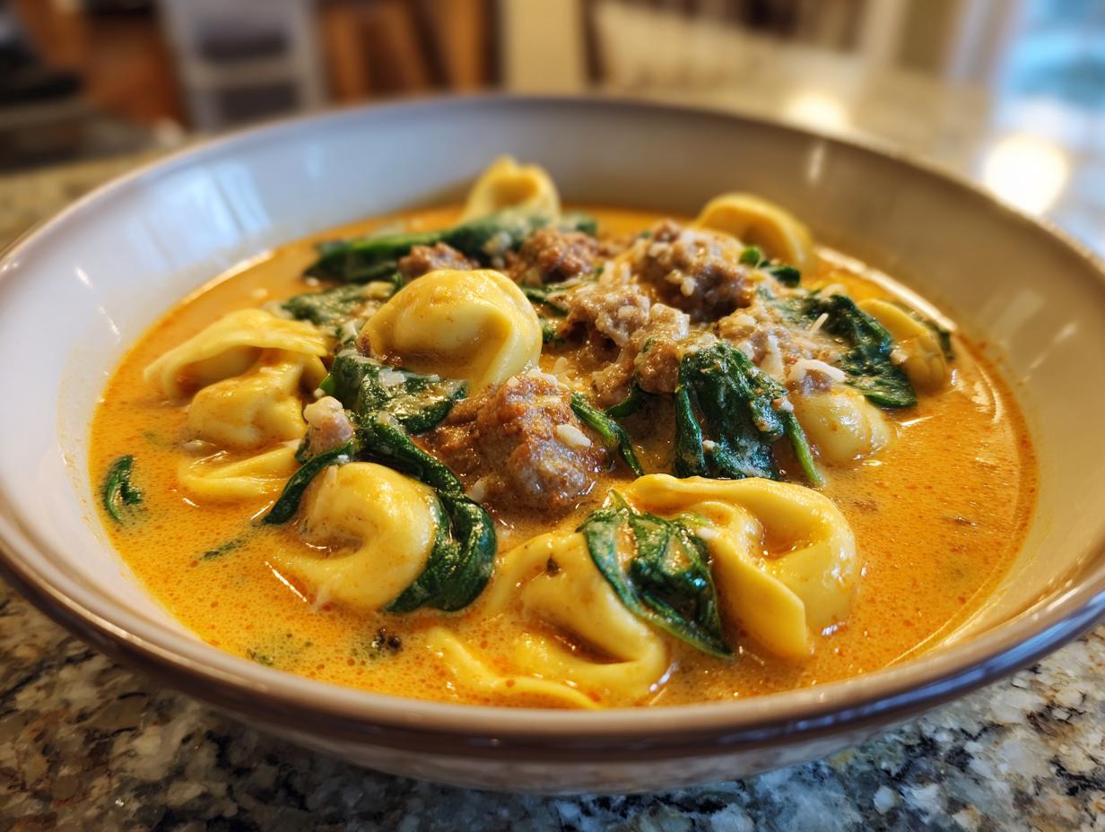 Close-up of a rich, creamy tortellini soup featuring cheese tortellini, sausage crumbles, and wilted spinach.
