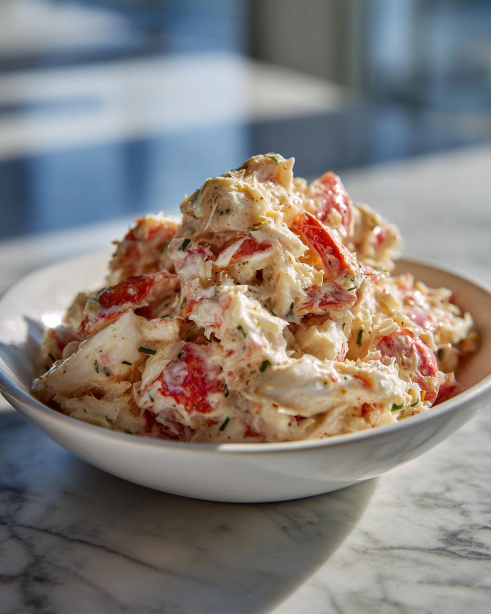 A generous serving of creamy seafood salad, featuring chunks of white and red shellfish, piled high in a white bowl.