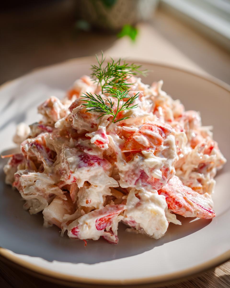 A mound of creamy seafood salad featuring pink and white chunks, garnished with fresh dill, served on a light plate.