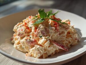A mound of creamy seafood salad mixed with red ingredients, garnished with fresh parsley, served in a white bowl.