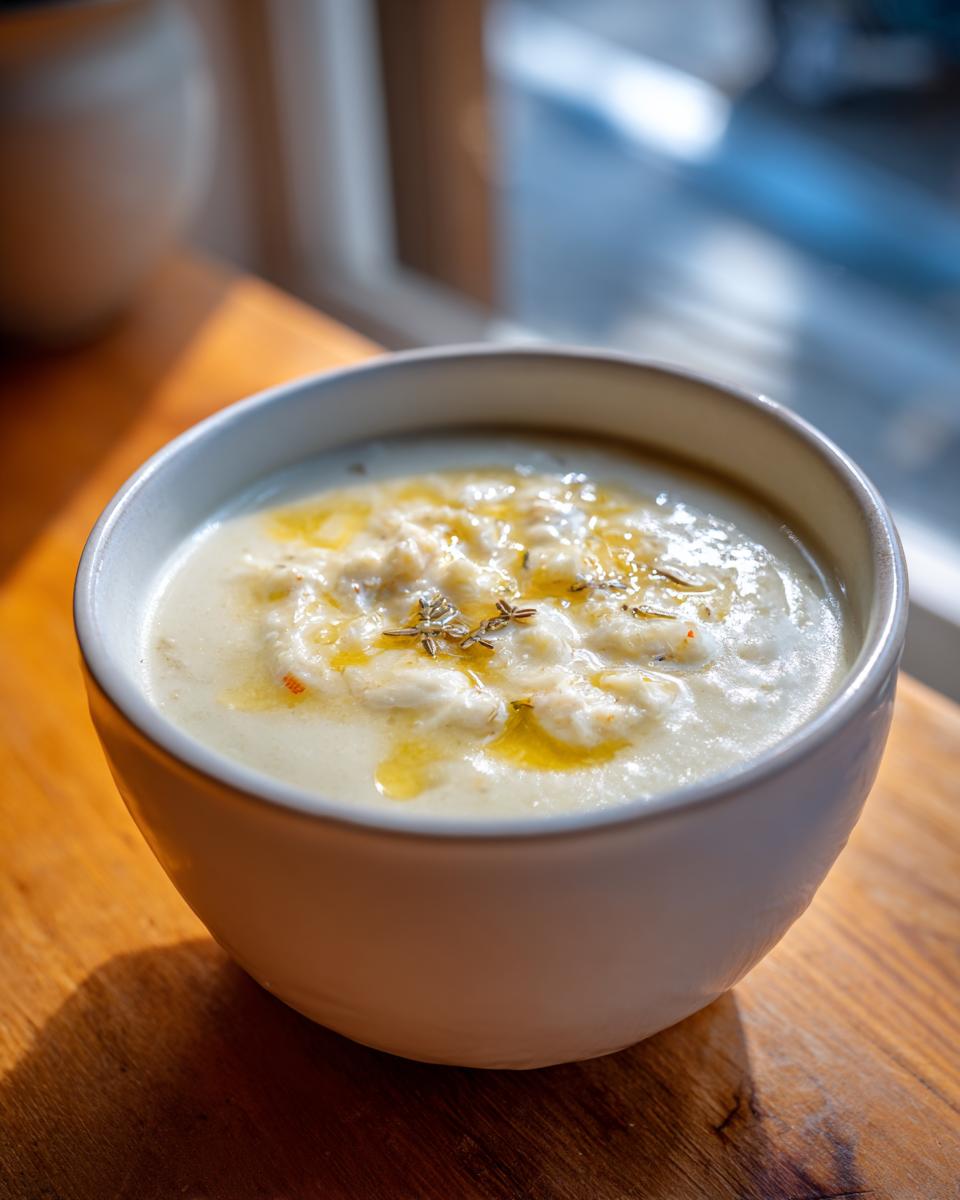 A close-up of a rich, creamy bowl of she crab soup topped with crab meat, melted butter, and herbs.