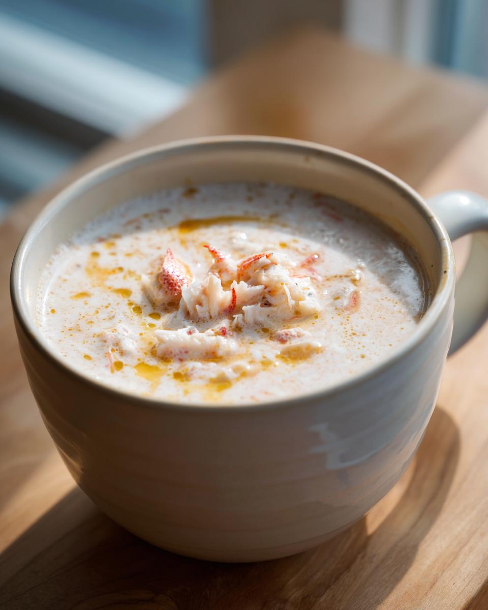 Close-up of a creamy bowl of she crab soup topped with visible chunks of white and red crab meat and a drizzle of butter.