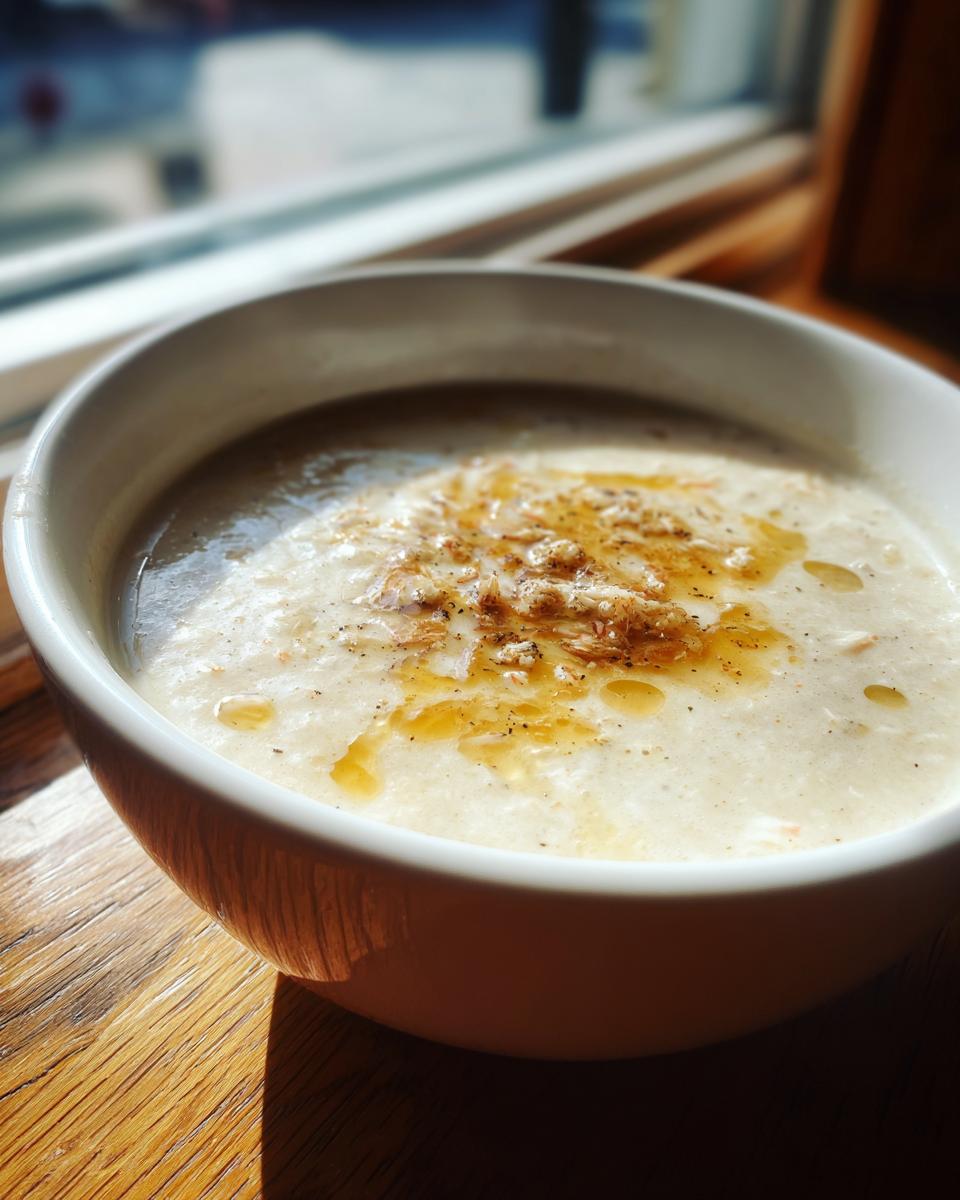 A close-up of a creamy bowl of she crab soup, topped with crab meat, melted butter, and black pepper.
