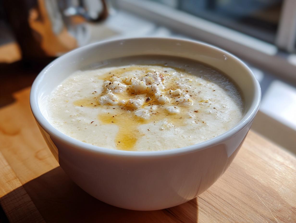 A close-up of a white bowl filled with creamy she crab soup, topped with flaked crab meat, oil, and spices.