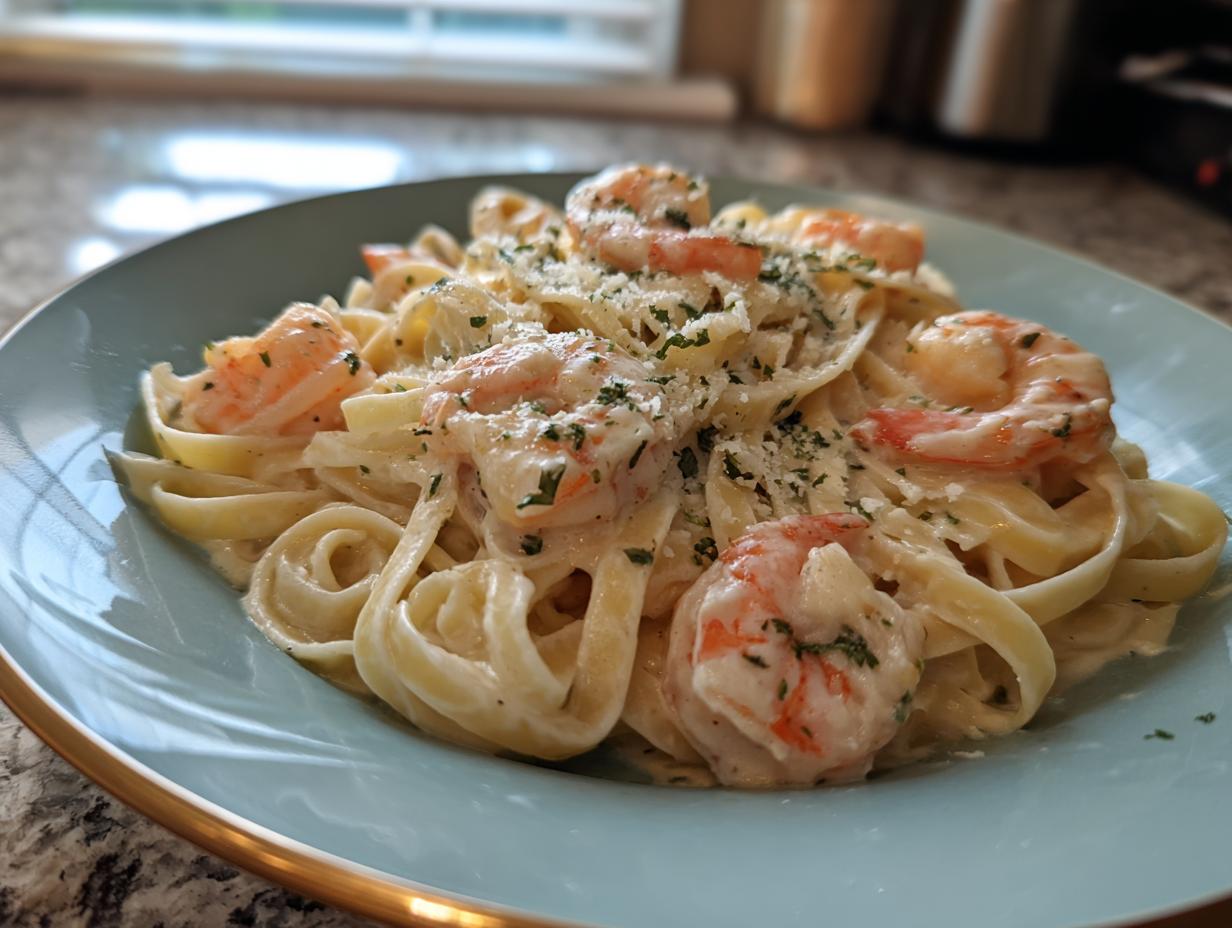 A close-up of creamy shrimp alfredo pasta, featuring large shrimp, fettuccine noodles, and grated Parmesan cheese.