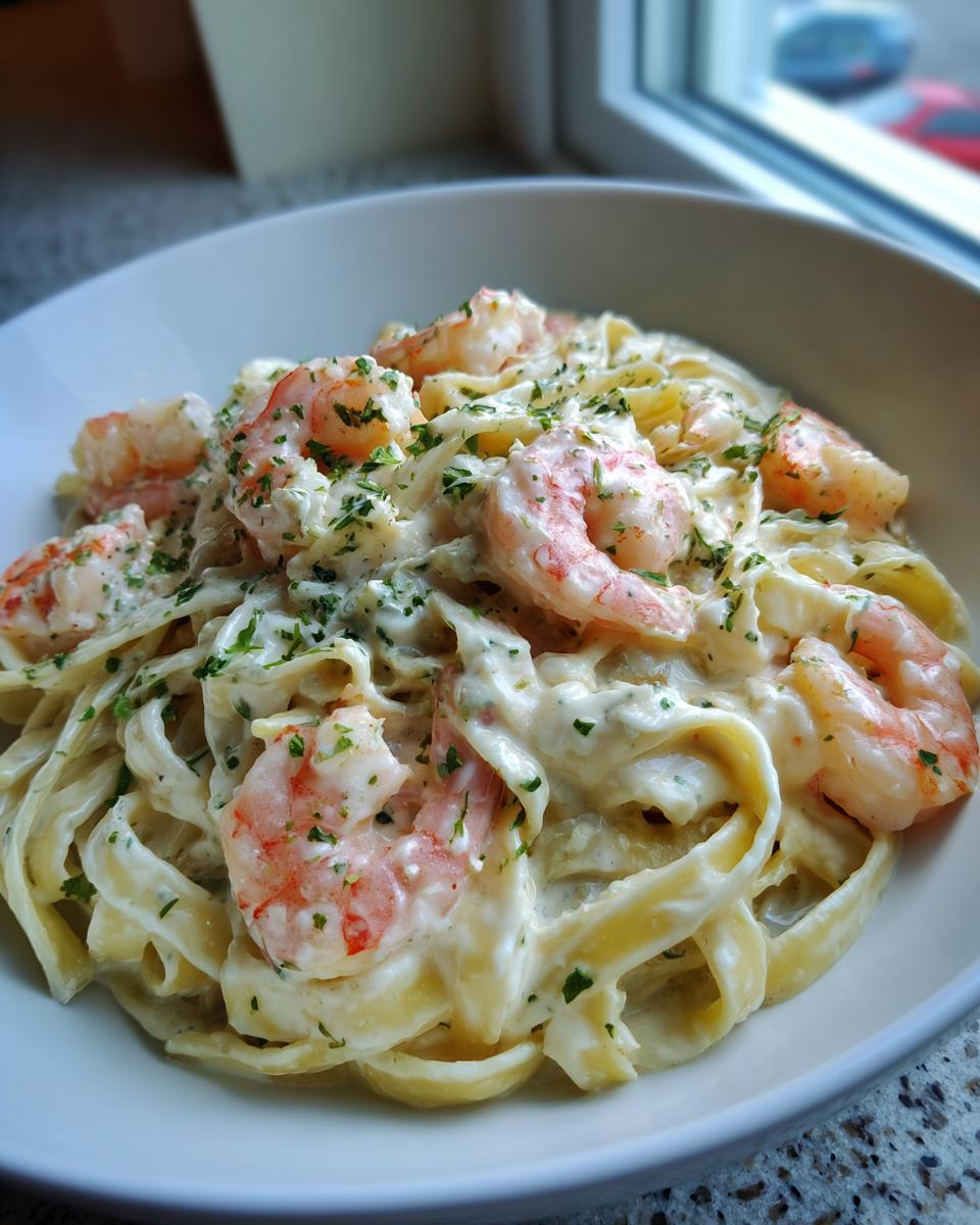 A close-up of creamy shrimp alfredo pasta topped with fresh parsley in a white bowl.