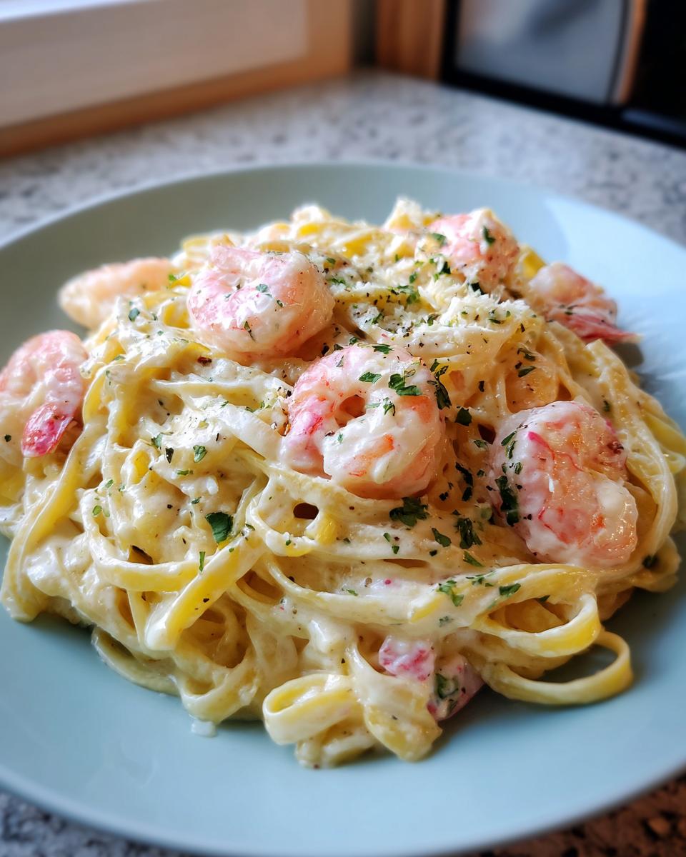 Close-up of creamy shrimp alfredo pasta tossed in rich white sauce, topped with shrimp and parsley.