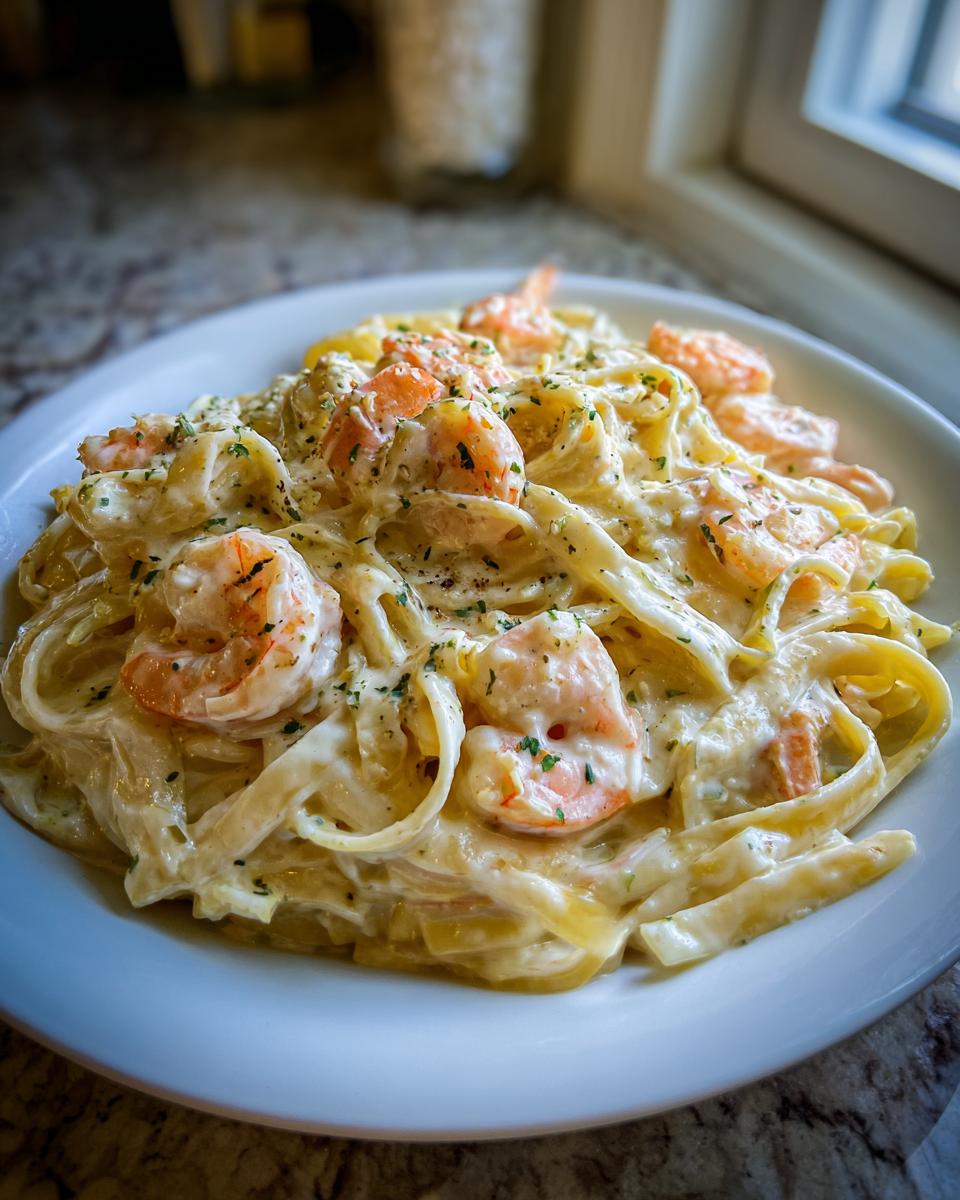 A close-up of creamy shrimp alfredo pasta tossed with fettuccine and garnished with parsley.