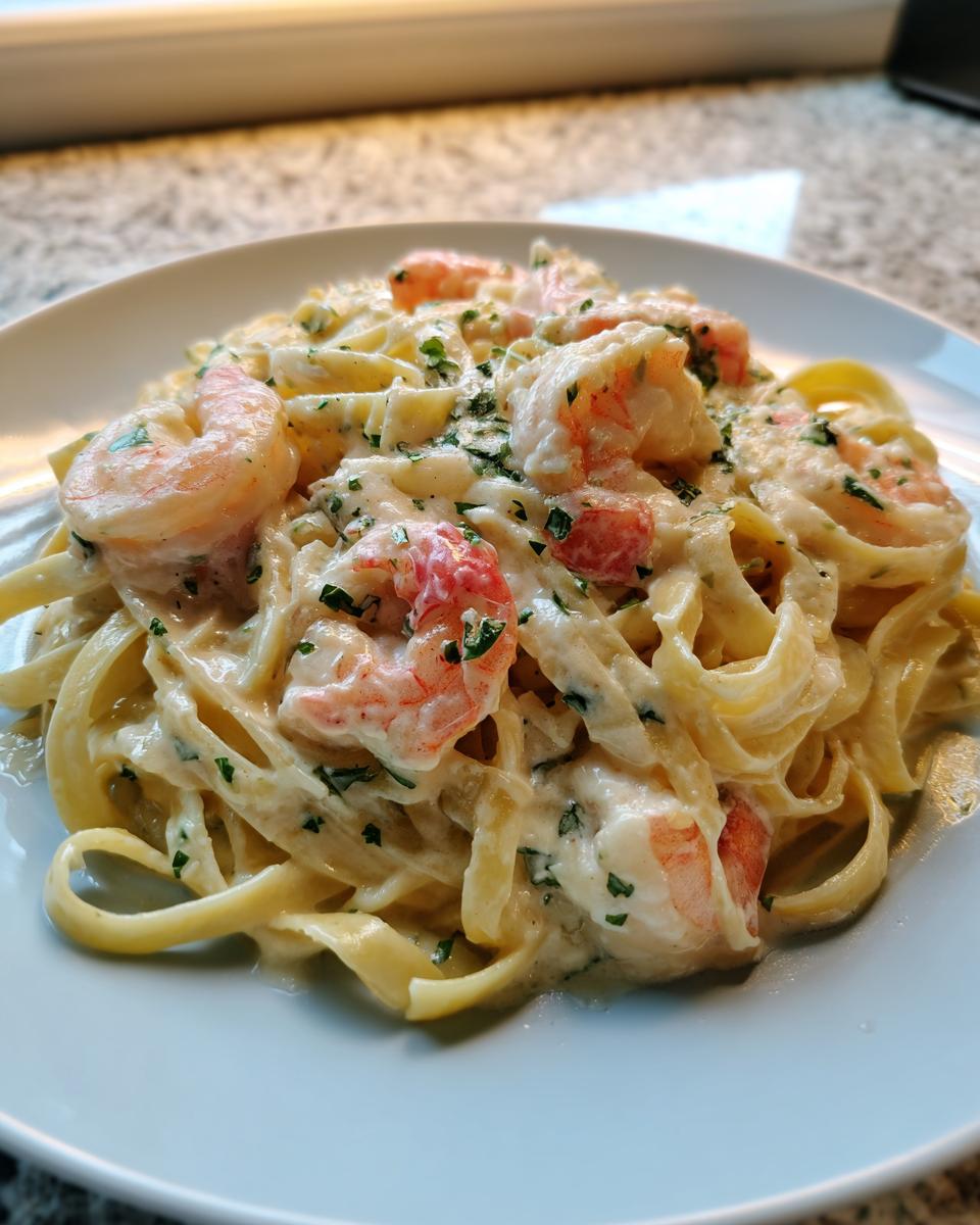 A close-up of creamy shrimp alfredo pasta tossed with fettuccine noodles and garnished with parsley.