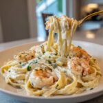 A fork lifting creamy fettuccine noodles covered in sauce, shrimp alfredo, and parsley from a white bowl.