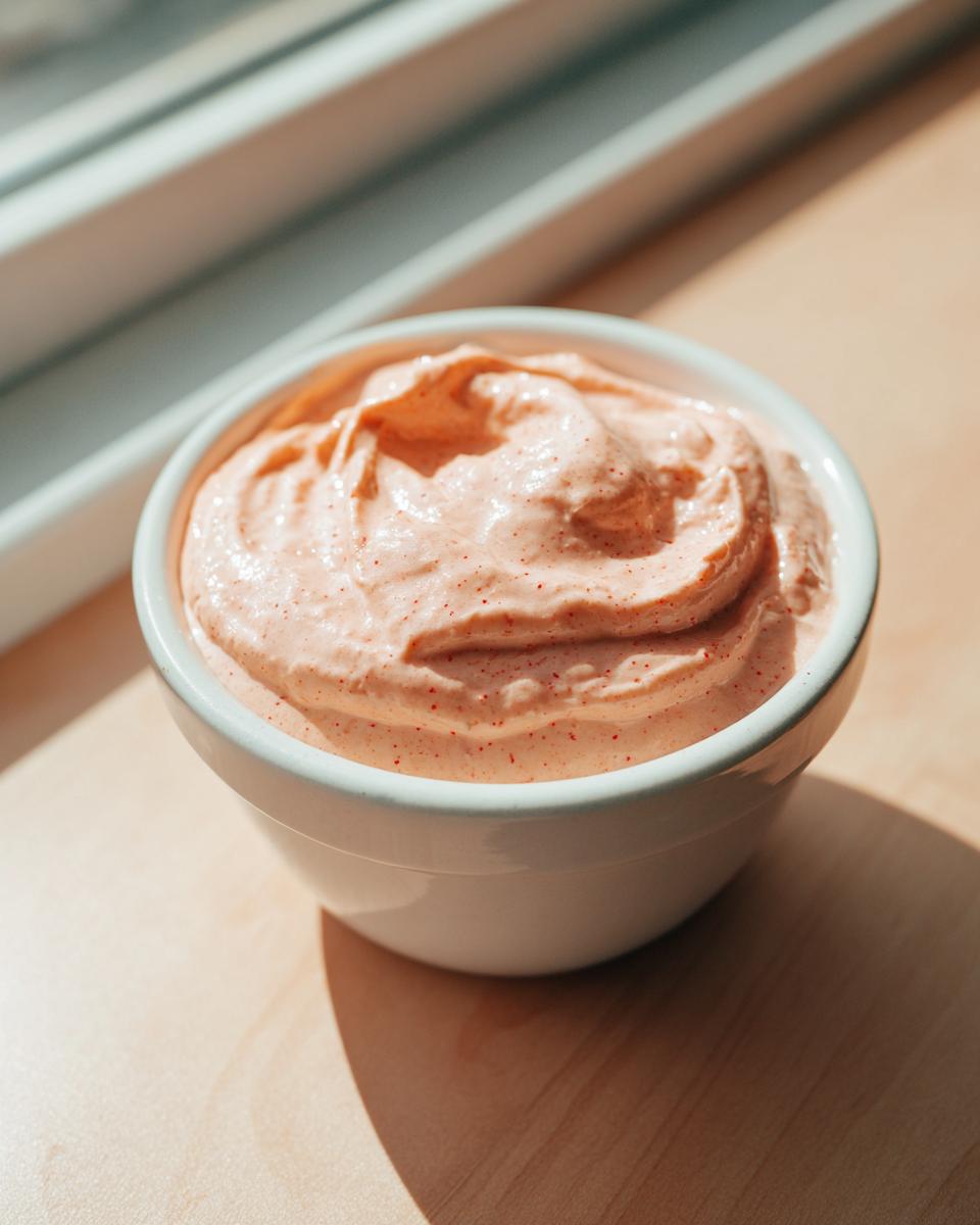 Close-up of creamy, pinkish-orange smash burger sauce with visible red spice flecks in a small white bowl.