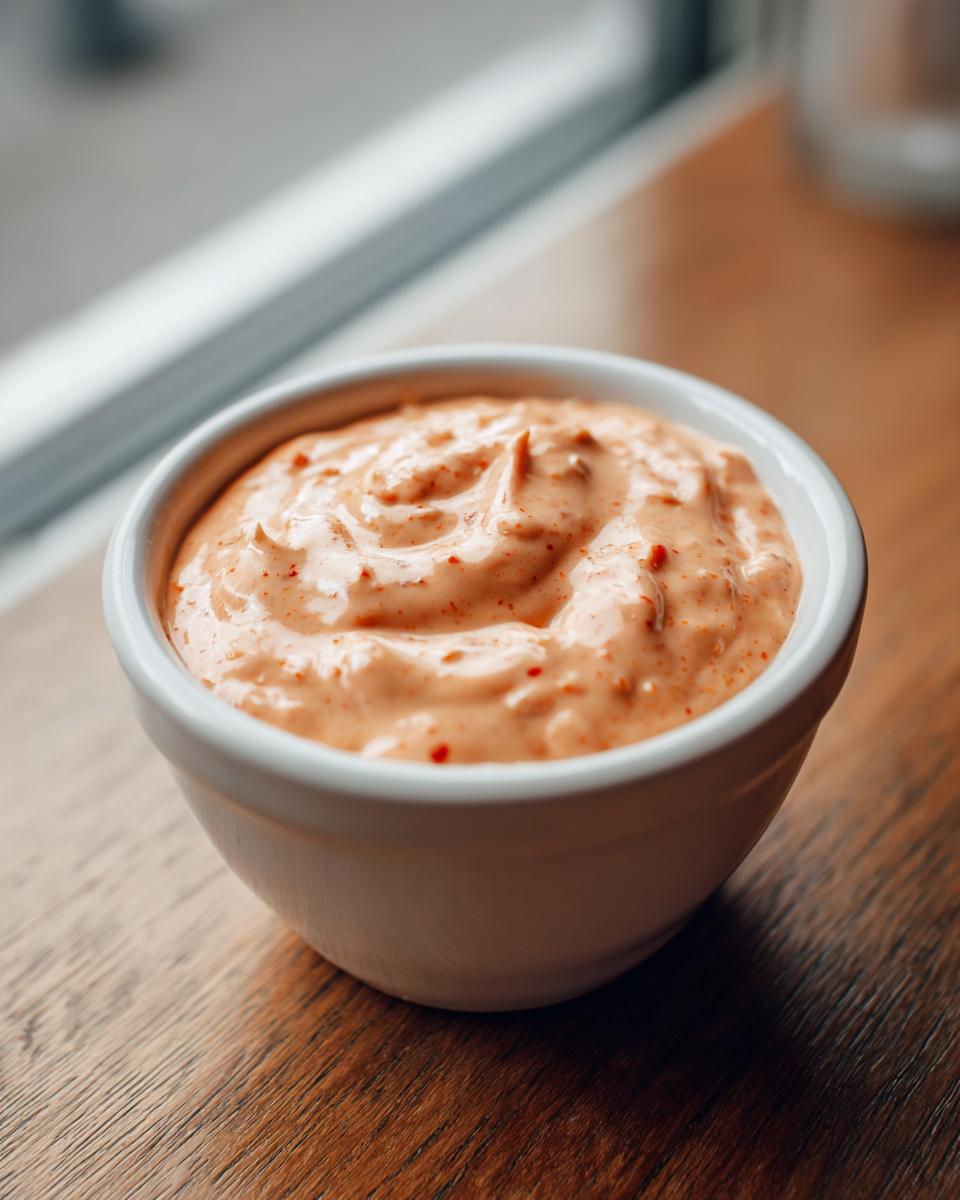 Close-up of creamy, orange-tinted smash burger sauce with visible spice flecks in a small white bowl.