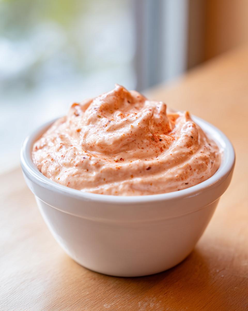 Close-up of creamy, orange-tinted smash burger sauce sprinkled with spices in a small white bowl.
