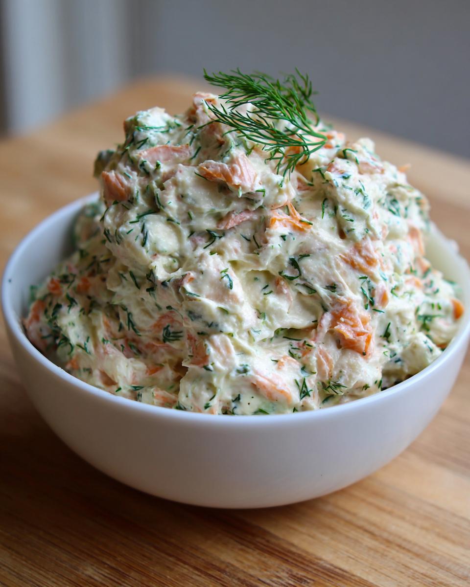 A generous serving of creamy smoked salmon dip mixed with herbs and topped with fresh dill.